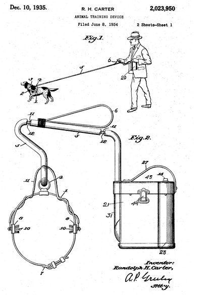 Princip elektrického výcvikového obojku. Dobová rytina z 30-tých let.